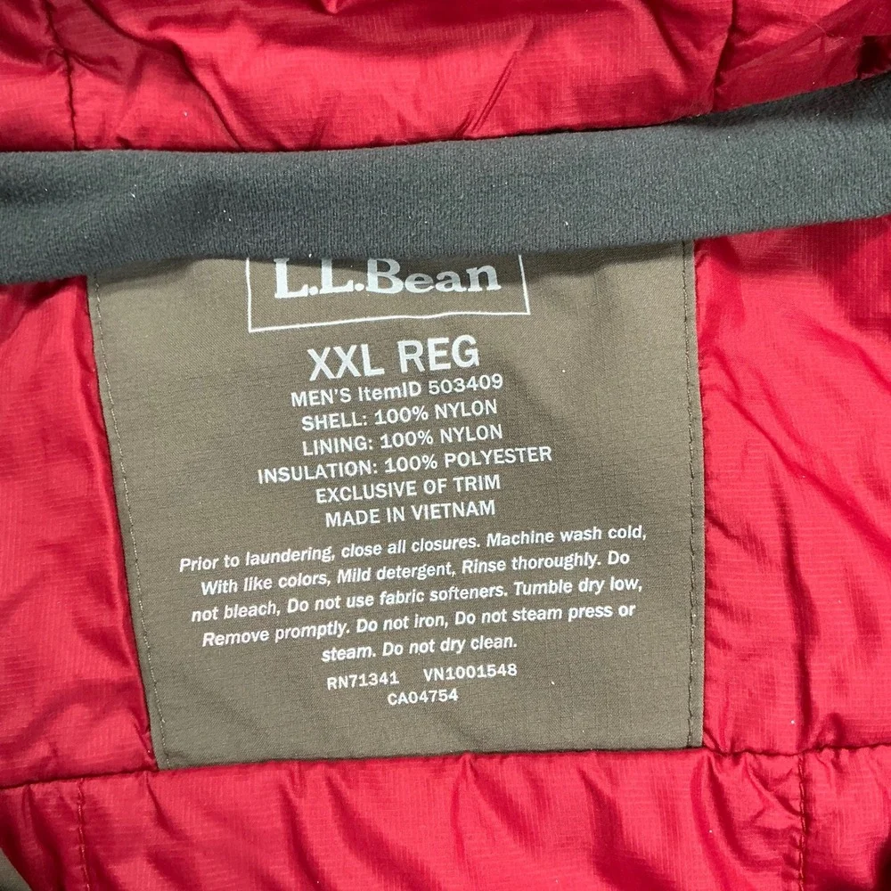 LL Bean Mens TEK2.5 Insulated Hooded Jacket Olive Green Red Lining XXL REG